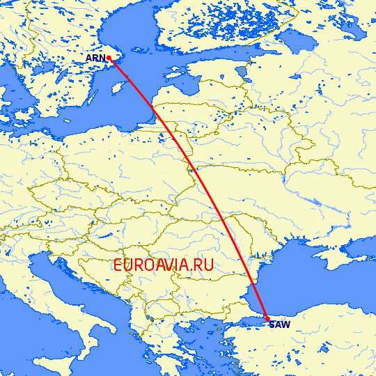 перелет Стамбул — Стокгольм на карте
