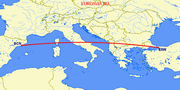 перелет Стамбул — Барселона на карте