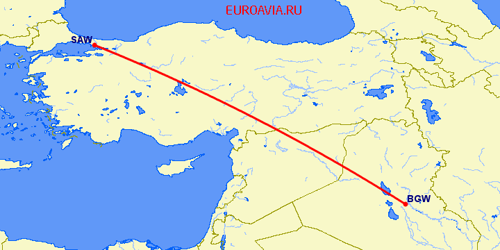 перелет Стамбул — Багдад на карте