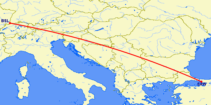 перелет Стамбул — Базель-Мюлуз на карте
