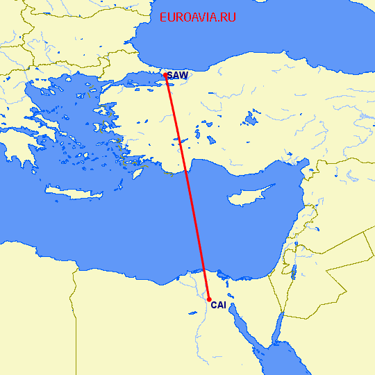 перелет Стамбул — Каир на карте