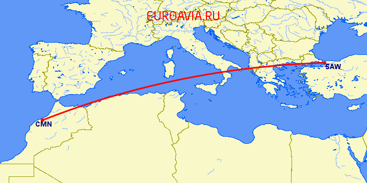 перелет Стамбул — Касабланка на карте