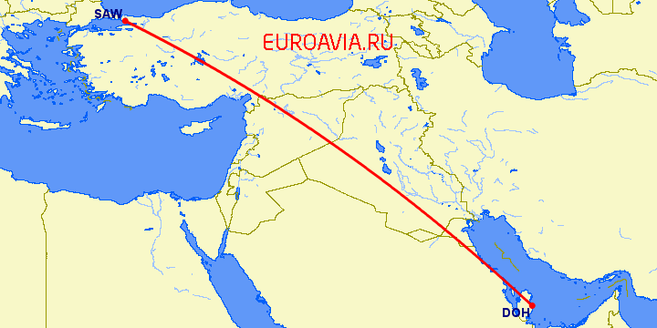 перелет Стамбул — Доха на карте