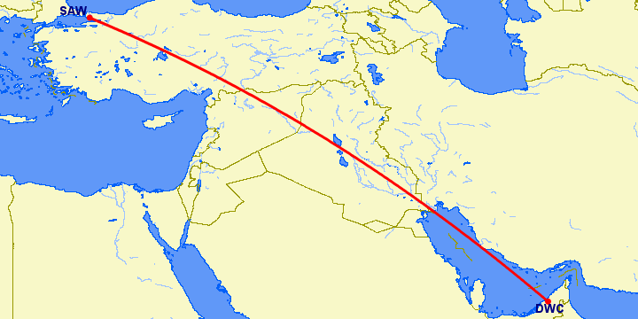 перелет Стамбул — Дубай на карте