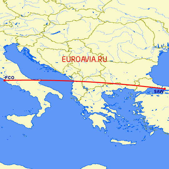 перелет Стамбул — Рим на карте