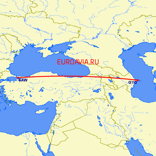 перелет Стамбул — Баку на карте
