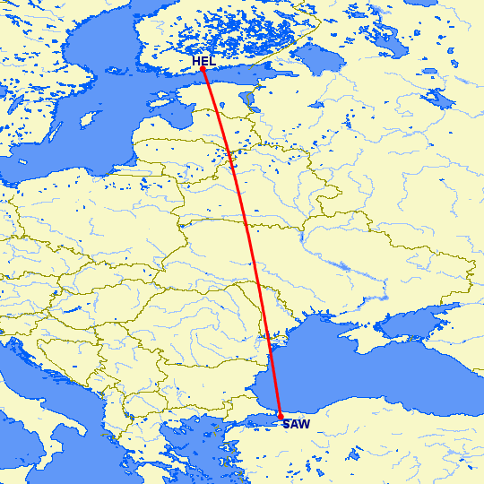 перелет Стамбул — Хельсинки на карте