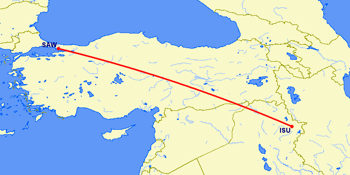 перелет Стамбул — Сулеймания на карте