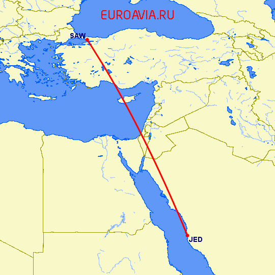 перелет Стамбул — Джедда на карте