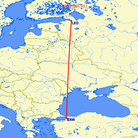 перелет Стамбул — Санкт Петербург на карте