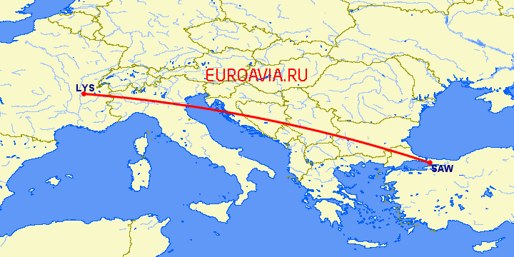 перелет Стамбул — Лион на карте