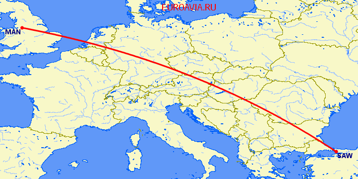 перелет Стамбул — Манчестер на карте