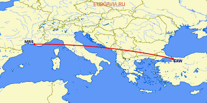 перелет Стамбул — Марсель на карте