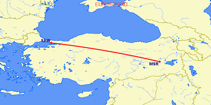 перелет Стамбул — Муш на карте