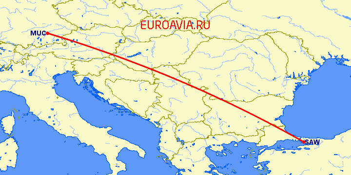 перелет Стамбул — Мюнхен на карте