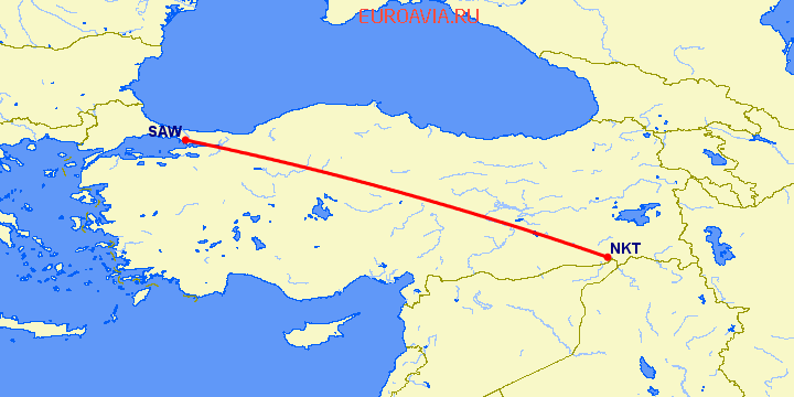 перелет Стамбул — Ширнак на карте
