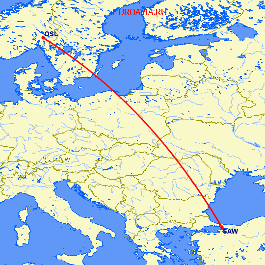 перелет Стамбул — Осло на карте