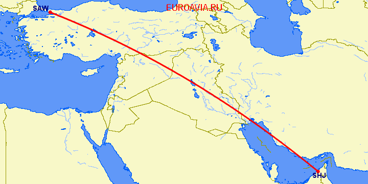перелет Стамбул — Шарджа на карте