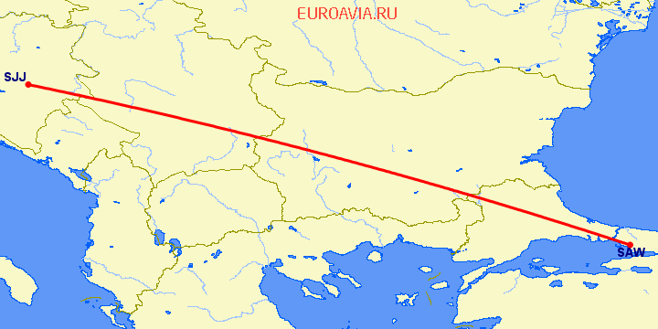 перелет Стамбул — Сараево на карте
