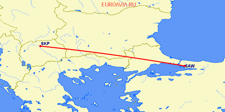 перелет Стамбул — Скопье на карте