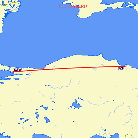перелет Стамбул — Самсун на карте