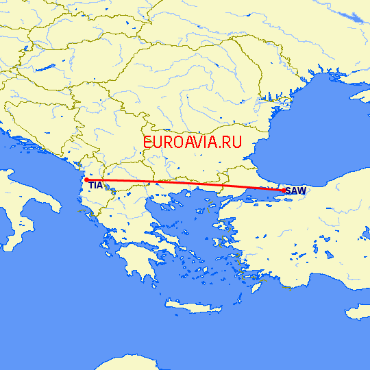 перелет Стамбул — Тирана на карте