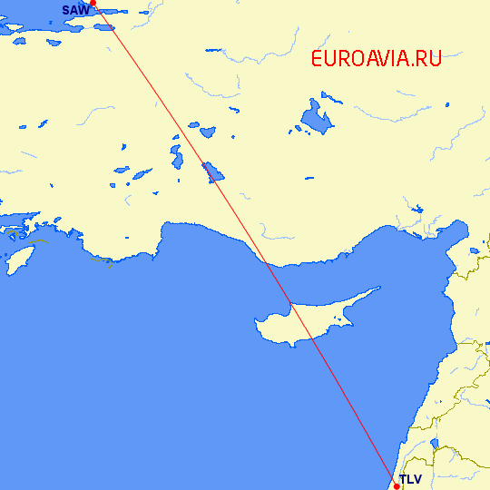 перелет Стамбул — Тель Авив на карте