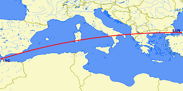 перелет Стамбул — Танжер на карте