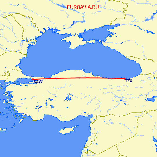 перелет Стамбул — Трабзон на карте