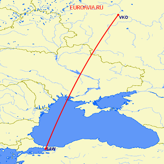 перелет Стамбул — Москва на карте