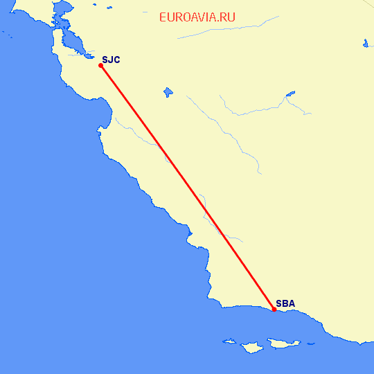 перелет Санта Барбара — Сан Хосе на карте