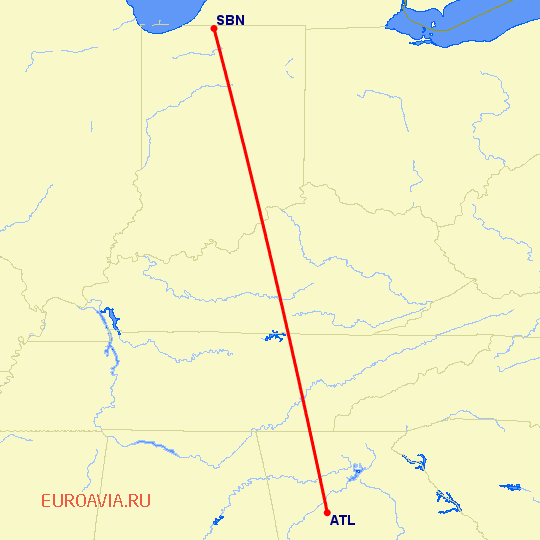 перелет South Bend — Атланта на карте