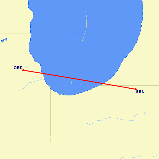 перелет South Bend — Чикаго на карте