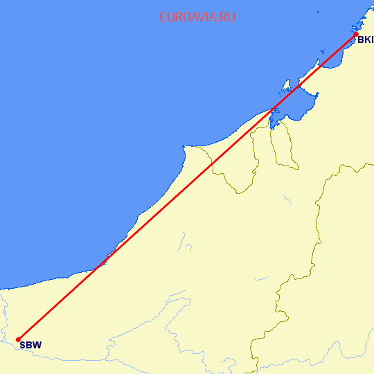 перелет Sibu — Kota-Kinabalu на карте