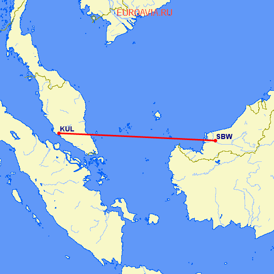 перелет Sibu — Куала Лумпур на карте