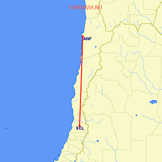 перелет Сантьяго — Антофагаста на карте