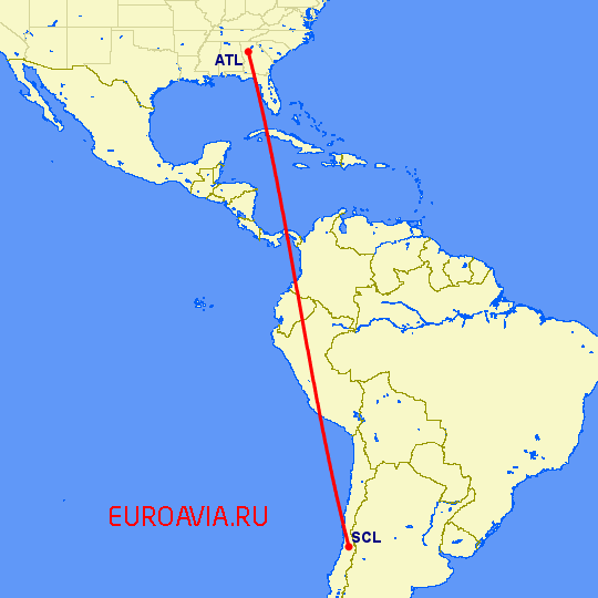 перелет Сантьяго — Атланта на карте