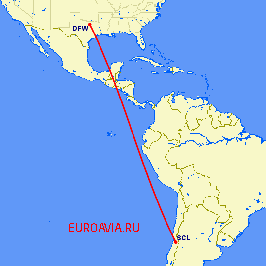 перелет Сантьяго — Даллас на карте