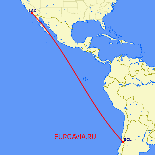 перелет Сантьяго — Лос Анджелес на карте
