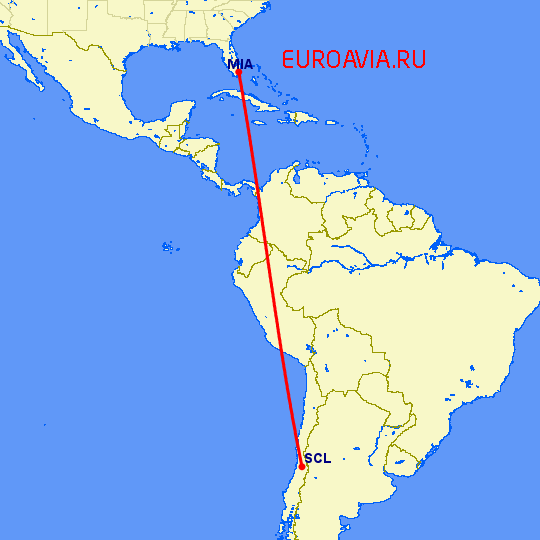 перелет Сантьяго — Майами на карте