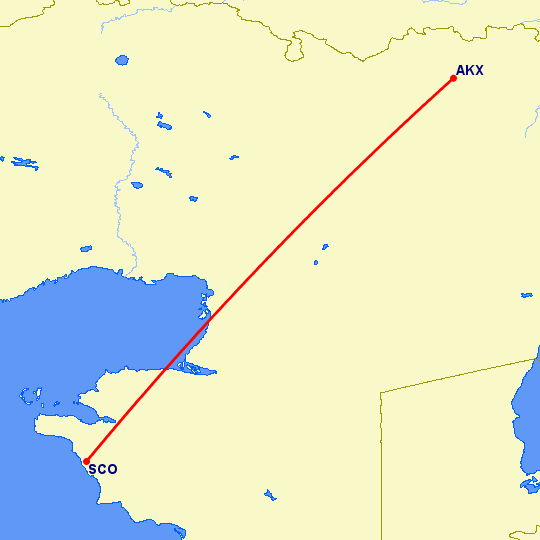 перелет Актау — Актюбинск на карте