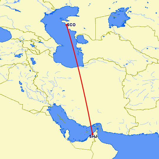 перелет Актау — Шарджа на карте