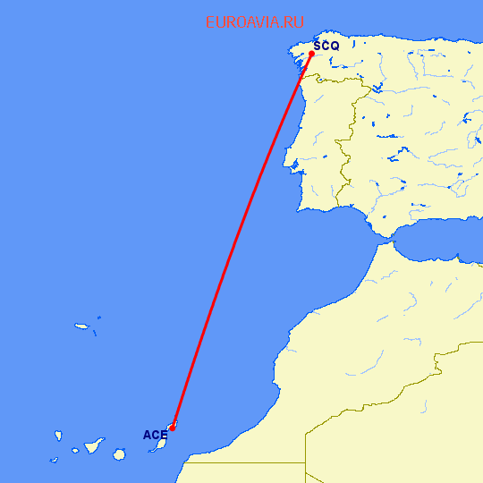 перелет Сантьяго де Компостела — Арресифе на карте