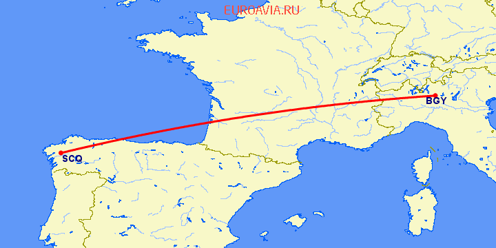 перелет Сантьяго де Компостела — Бергамо на карте