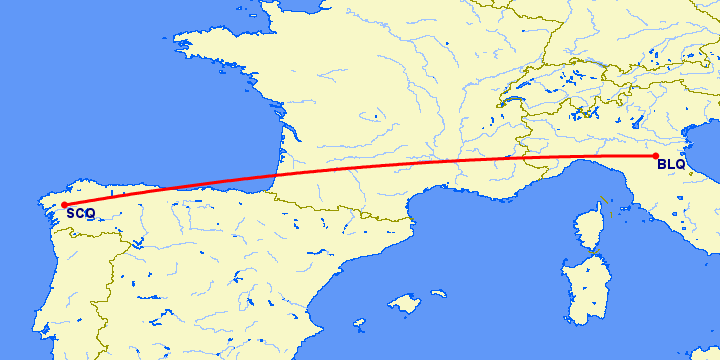 перелет Сантьяго де Компостела — Болонья на карте