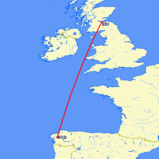 перелет Сантьяго де Компостела — Эдинбург на карте