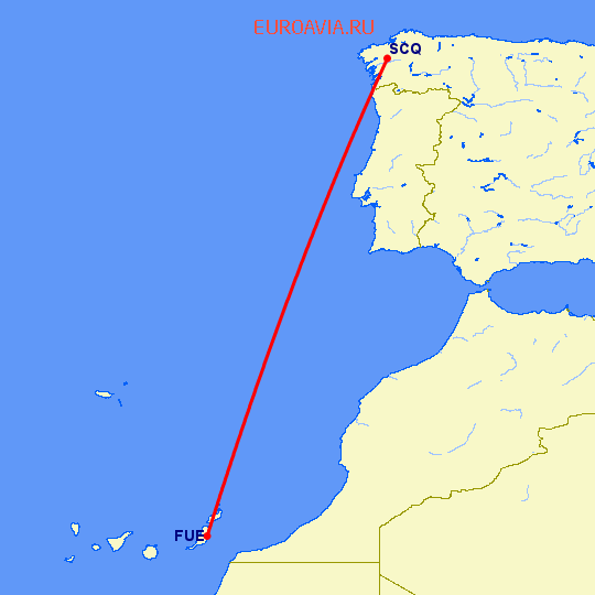 перелет Сантьяго де Компостела — Пуэрто дель Росарио на карте
