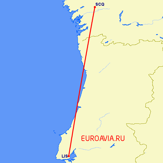перелет Сантьяго де Компостела — Лиссабон на карте
