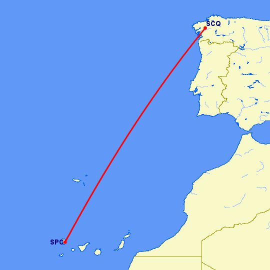 перелет Сантьяго де Компостела — Санта Крус де Ла Пальма на карте