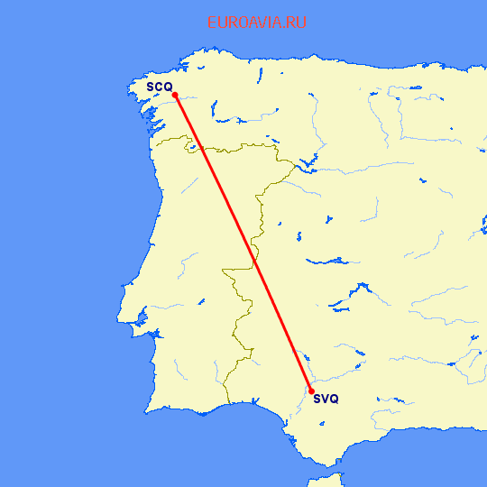 перелет Сантьяго де Компостела — Севилья на карте